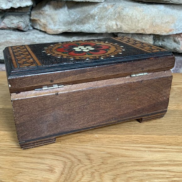 Jewelry Treasure Box Pyrography Wood Burning Red Velvet Lined Bohemian Decor - Picture 9 of 10